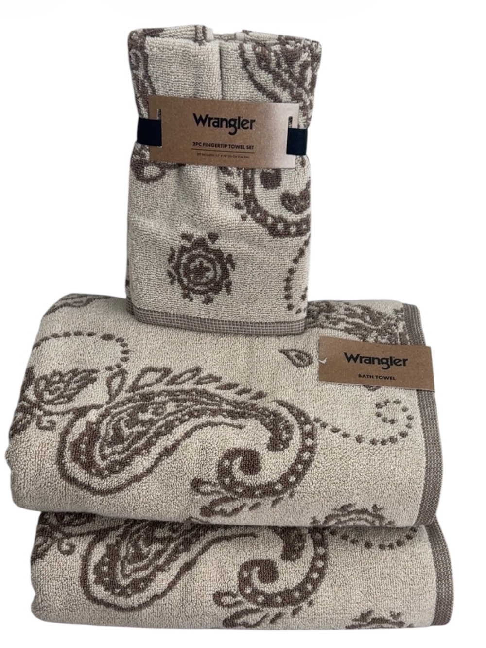 Wrangler 4 Pc Towel Set 🤎 2 Bath & 2 Fingertip Cowboy Boot Paisley Beige NWT
